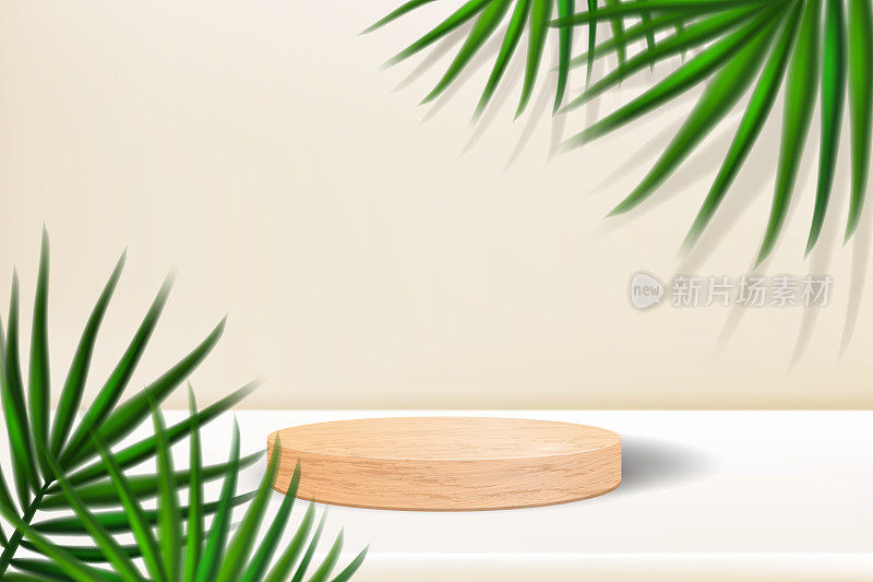 Wooden podium with palm leaves and shadows. Realistic wood platform for product presentation. Minimal nature scene with pedestal mockup. Vector 3d illustration of cosmetic display or award ceremony